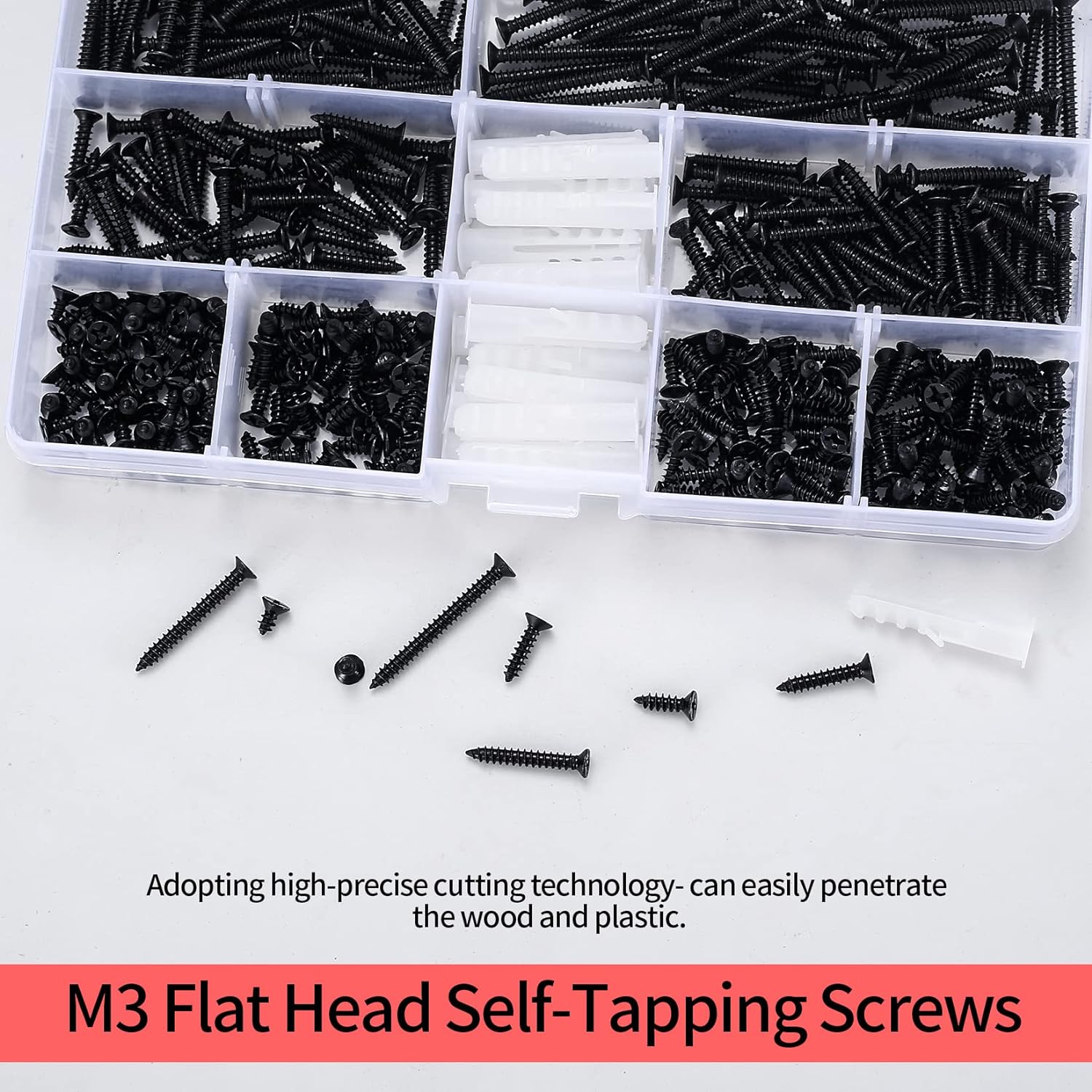430 Pcs M3 Black Wood Screws Assortment Fasteners Kit, Cross Drive Head Countersunk Head Self-Tapping Screws, Assorted Flat Head Round Head Screws with 20 Pcs Plastic Wall Screw Anchors - Image 5